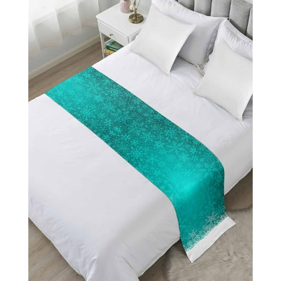 Bed Runner for Queen Size, Turquoise Snowflakes Christmas Decorative Scarf Throws for Foot of Bed, Winter Holiday Xmas Snowflake Luxury Bedding Protector Slipcover Bedrunners for Hotel, 83 x 20 Inch