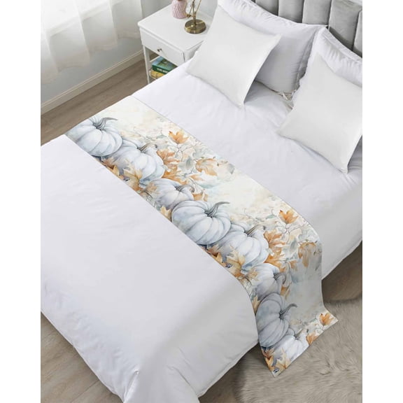 Bed Runner for Queen Size, White Pumpkins Fall Decorative Scarf Throws for Foot of Bed, Thanksgiving Botanical Pumpkin Luxury Bedding Protector Slipcover Bedrunners for Hotel/Home, 83 x 20 Inch