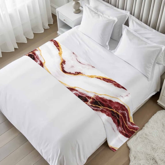 Bed Runner Red Marble Bedding Scarves Soft Decorative Bed Flag Gold ...