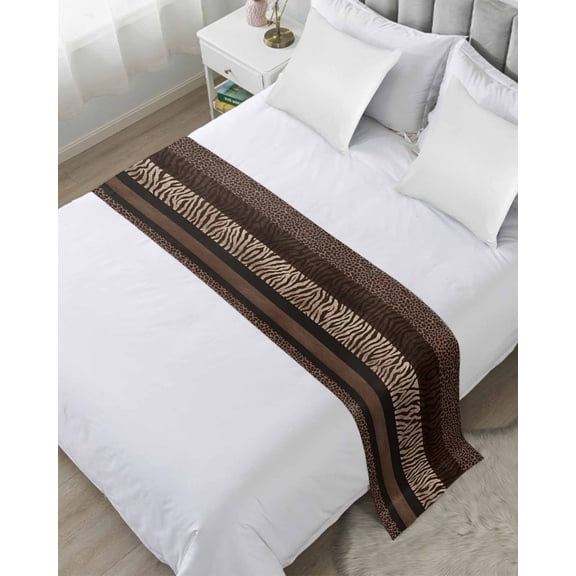 Bed Runner Scarf Cal King Size, Animal Print Stain Bed Runners & Scarves for Foot of Beds, Abstract Leopard Zebra Skin Texture Brown Decorative Bedding Runner Scarf for Hotel 102 x20 Inch