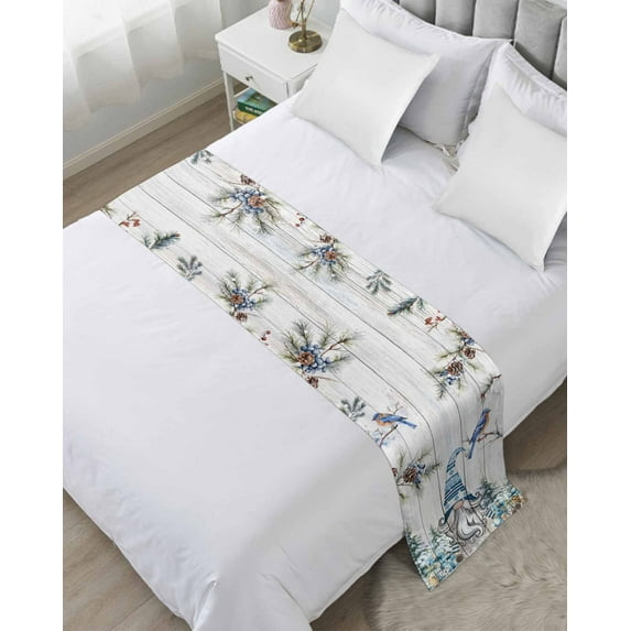 Bed Runner Scarf for Cal.King Size Bed, Blue Gnomes Christmas Beds Scarf Throws for Foot of Bedding, Xmas Tree Snowflake Pine Cones Wooden Decorative Beds Runners for Bedroom Guestroom, 102"x20"