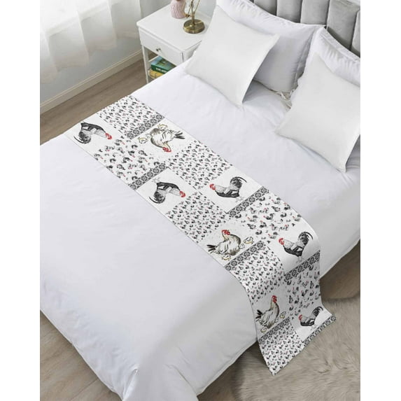 Bed Runner Scarf for Cal.King Size Bed, Chicken Beds Scarf Throws for Foot of Bedding, Farmhouse Country Animal Retro Pastoral Black Decorative Beds Runners for Bedroom Guestroom, 102"x20"