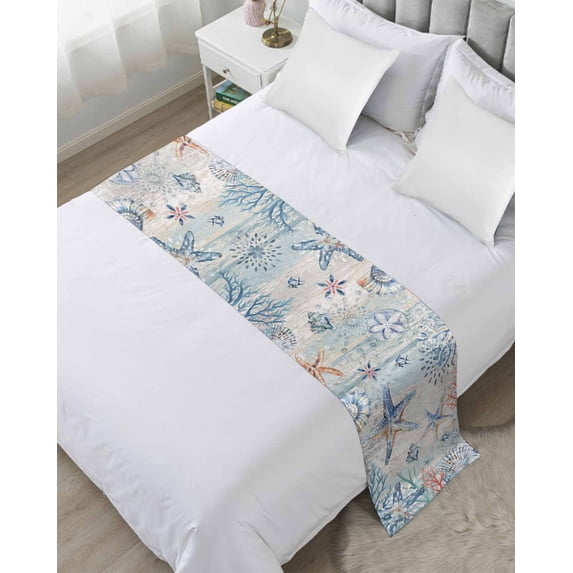 Bed Runner Scarf for Cal.King Size Bed, Coastal Starfish Beds Scarf Throws for Foot of Bedding, Blue Nautical Coral Seashell Wooden Decorative Beds Runners for Bedroom Guestroom, 102"x20"