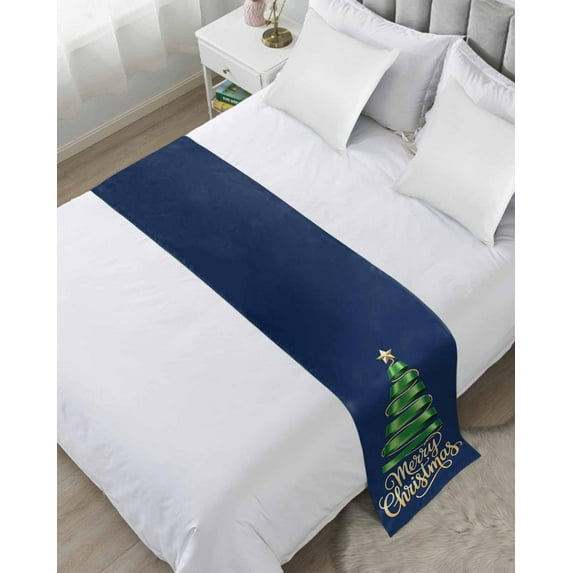 Bed Runner Scarf for Cal.King Size Bed, Navy Blue Green Christmas Beds Scarf Throws for Foot of Bedding, Xmas Tree Modern Art Decorative Beds Runners for Bedroom Guestroom, 102"x20"