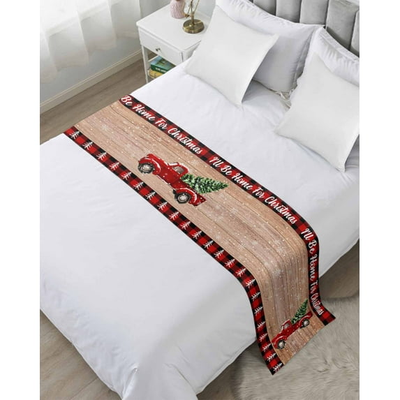 Bed Runner Scarf for Cal.King Size Bed, Red Truck Christmas Beds Scarf Throws for Foot of Bedding, Red Black Plaid Xmas Tree Vintage Decorative Beds Runners for Bedroom Guestroom, 102"x20"