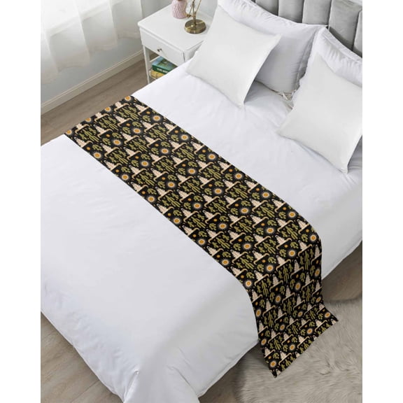 Bed Runner Scarf for Cal.King Size Bed, Western Cowboy Beds Scarf Throws for Foot of Bedding, Boho Ethnic Cow Head Cactus Vintage Decorative Beds Runners for Bedroom Guestroom, 102"x20"