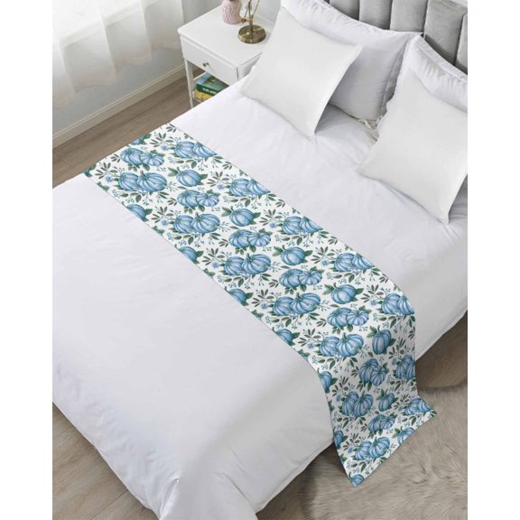 Bed Runner Scarf Cal King Size, Blue Pumpkin Stain Bed Runners & Scarves for Foot of Beds, Thanksgiving Autumn Fall Leaf Flower Decorative Bedding Runner Scarf for Hotel Home Bedroom