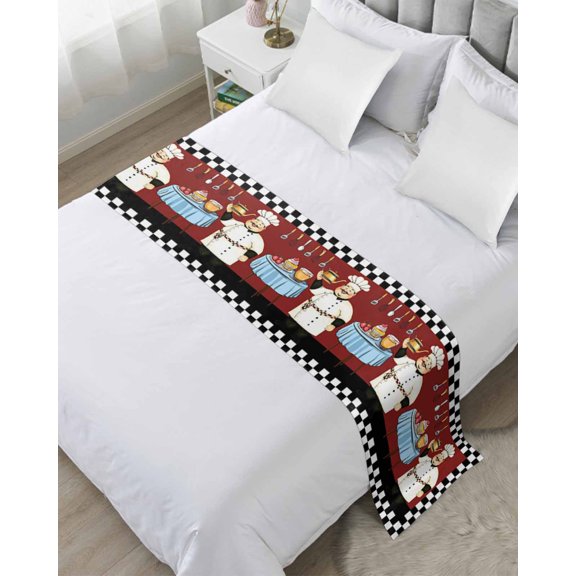 Bed Runner Scarf Cal King Size, Fat Chef Stain Bed Runners & Scarves for Foot of Beds, Black White Checkered Farmhouse Red Kitchen Cook Decorative Bedding Runner Scarf for Hotel Home Bedroom