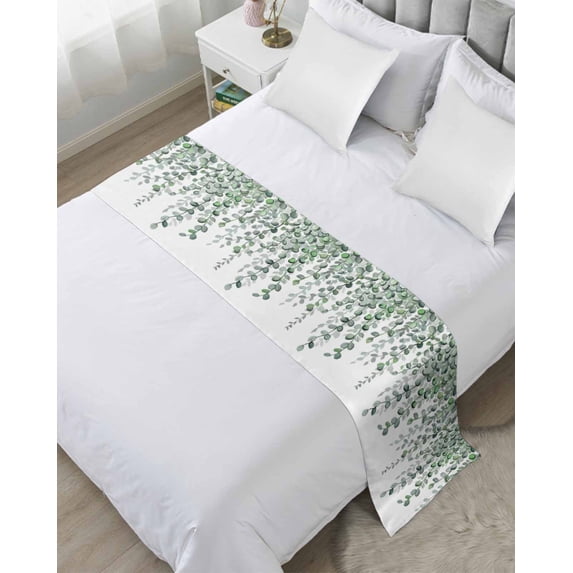 Bed Runner Scarf Cal King Size, Green Eucalyptus Leaves Stain Bed Runners & Scarves for Foot of Beds, Summer Botanical Weeping Watercolor Decorative Bedding Runner Scarf for Hotel 102 x20 Inch