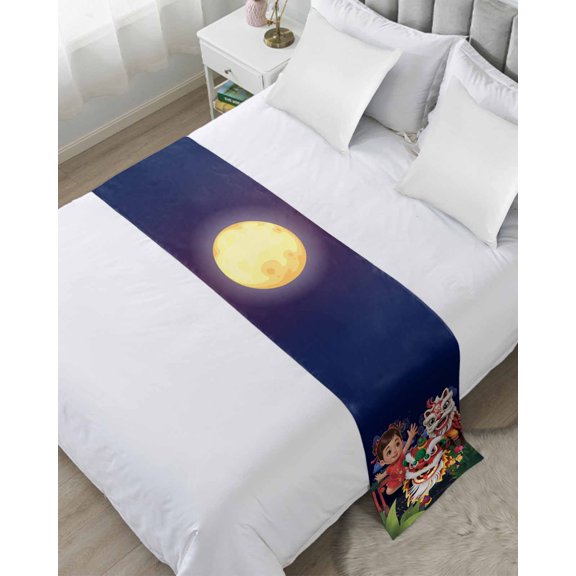 Bed Runner Scarf Cal King Size, Happy New Year Stain Bed Runners & Scarves for Foot of Beds, Cartoon Girl Oriental Dance Lions Fireworks Decorative Bedding Runner Scarf for Hotel 102 x20 Inch