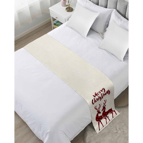 Bed Runner Scarf Cal King Size, Merry Christmas Stain Bed Runners & Scarves for Foot of Beds, Beige Xmas Elk Seasonal Winter Holiday Decorative Bedding Runner Scarf for Hotel Home Bedroom