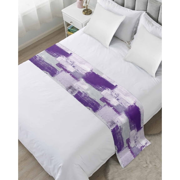 Bed Runner Scarf Cal King Size, Modern Oil Painting Stain Bed Runners & Scarves for Foot of Beds, Purple Grey Abstract Graffiti Art Decorative Bedding Runner Scarf for Hotel Home Bedroom