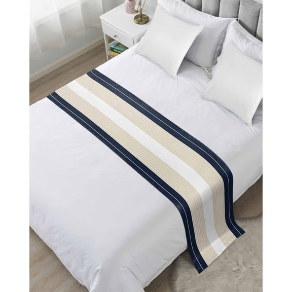 Bed Runner Scarf Cal King Size, Navy Beige Striped Stain Bed Runners & Scarves for Foot of Beds, Gradient Geometric Blue White Decorative Bedding Runner Scarf for Hotel Home Bedroom