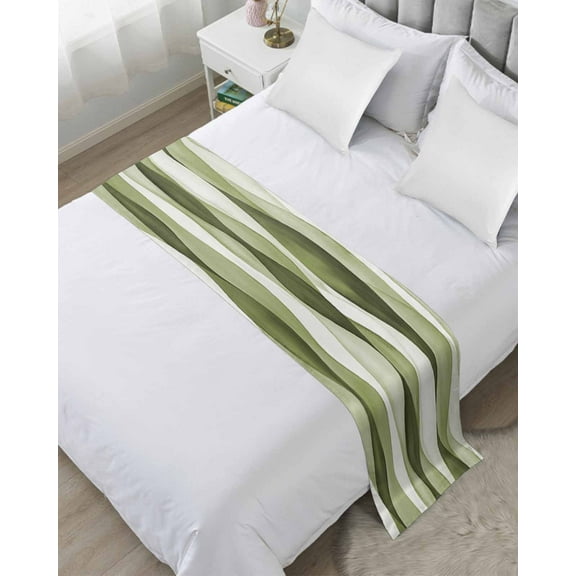 Bed Runner Scarf Cal King Size, Sage Green Stripes Stain Bed Runners & Scarves for Foot of Beds, Retro Farmhouse Abstract Ripple Decorative Bedding Runner Scarf for Hotel Home Bedroom