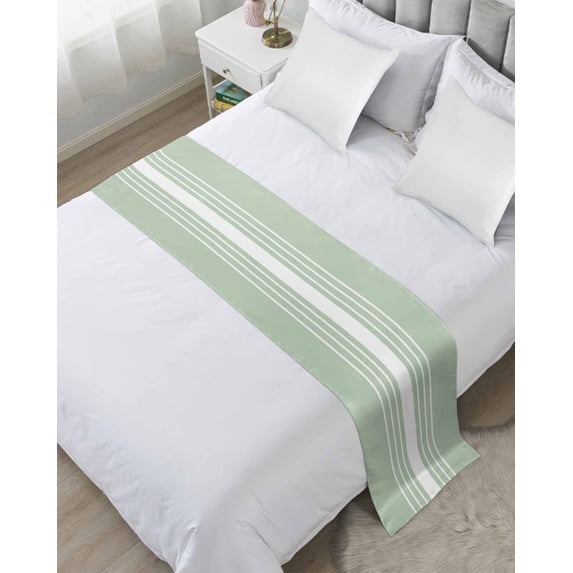 Boho Sage Green Stripe Bed Runner Cal King 102x20" - Abstract Geometric Bed Scarf Decor