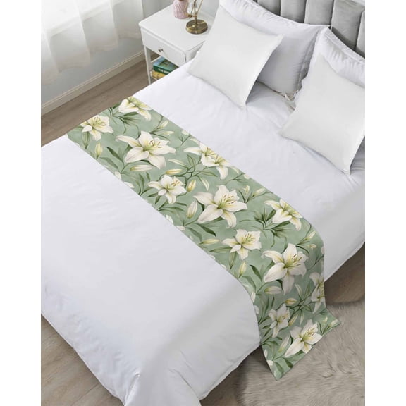 Bed Runner Scarf Cal King Size, Spring Blooms Floral Stain Bed Runners & Scarves for Foot of Beds, Sage Green Botanical Decorative Bedding Runner Scarf for Hotel Home Bedroom