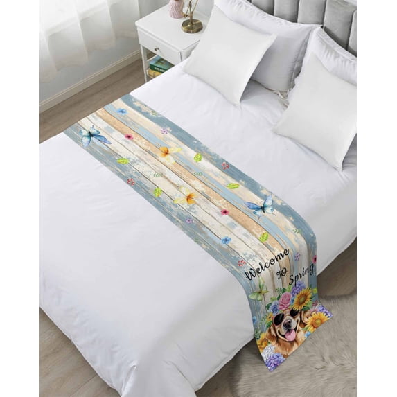 Bed Runner Scarf Cal King Size, Spring Dog Stain Bed Runners & Scarves for Foot of Beds, Retro Watercolor Botanical Floral Sunflower Decorative Bedding Runner Scarf for Hotel 102 x20 Inch