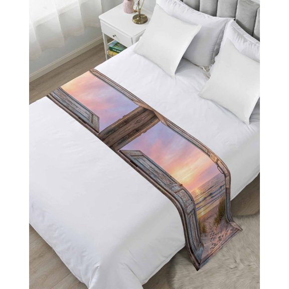 Bed Runner Scarf Cal King Size, Vintage Door Coastal Stain Bed Runners & Scarves for Foot of Beds, Sunset Seaside Summer Beach Decorative Bedding Runner Scarf for Hotel Home Bedroom 102 x20 Inch
