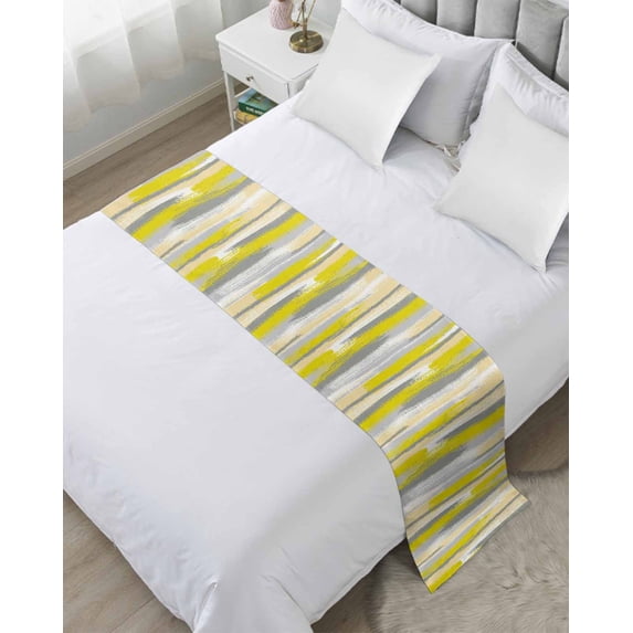 Bed Runner Scarf Cal King Size, Yellow Gray Stripes Stain Bed Runners & Scarves for Foot of Beds, Watercolor Modern Abstract Minimalist Decorative Bedding Runner Scarf for Hotel 102 x20 Inch