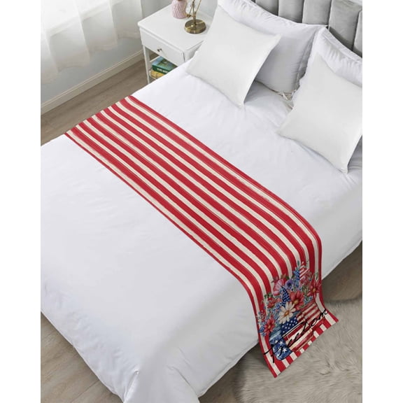 Bed Runner Scarf King Size, American Flag Stain Bed Runners & Scarves for Foot of Beds, Red Stripe Blue Star Patriotic Floral Decorative Bedding Runner Scarf for Hotel Home Bedroom