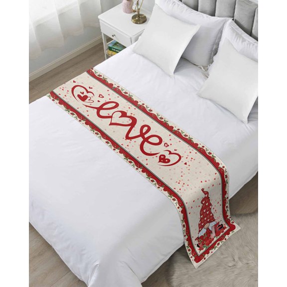 Bed Runner Scarf for King Size Bed, Valentine's Day Beds Scarf Throws for Foot of Bedding, Romantic Roses Love Heart Gnomes Rustic Decorative Beds Runners for Bedroom Guestroom, 94"x20"