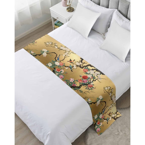 Bed Runner Scarf for King Size Bed, Vintage Spring Floral Beds Scarf Throws for Foot of Bedding, Retro Birds Flowers Decorative Beds Runners for Bedroom Guestroom, 94"x20"