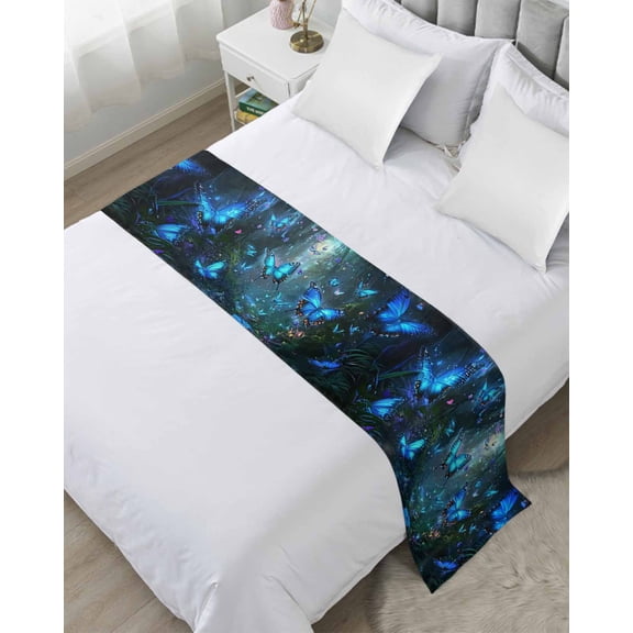 Bed Runner Scarf King Size, Blue Butterfly Stain Bed Runners & Scarves for Foot of Beds, Forest Modern Art Butterflies Decorative Bedding Runner Scarf for Hotel Home Bedroom