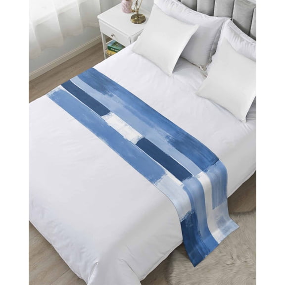 Bed Runner Scarf King Size, Blue Geometric Stain Bed Runners & Scarves for Foot of Beds, Watercolor Ombre Modern Abstract Art Decorative Bedding Runner Scarf for Hotel Home Bedroom