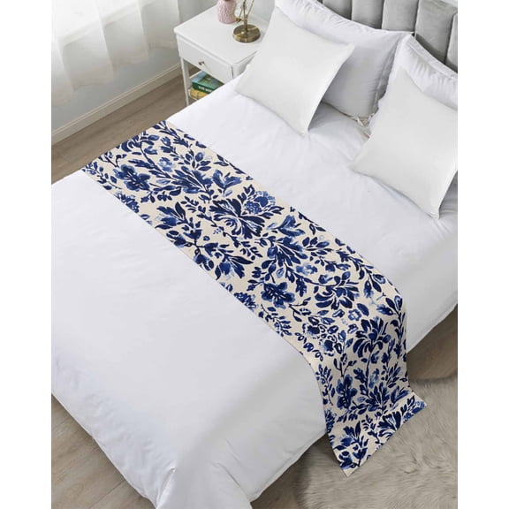 Bed Runner Scarf King Size, Blue Spring Floral Stain Bed Runners & Scarves for Foot of Beds, Summer Botanical Flowers Decorative Bedding Runner Scarf for Hotel Home Bedroom