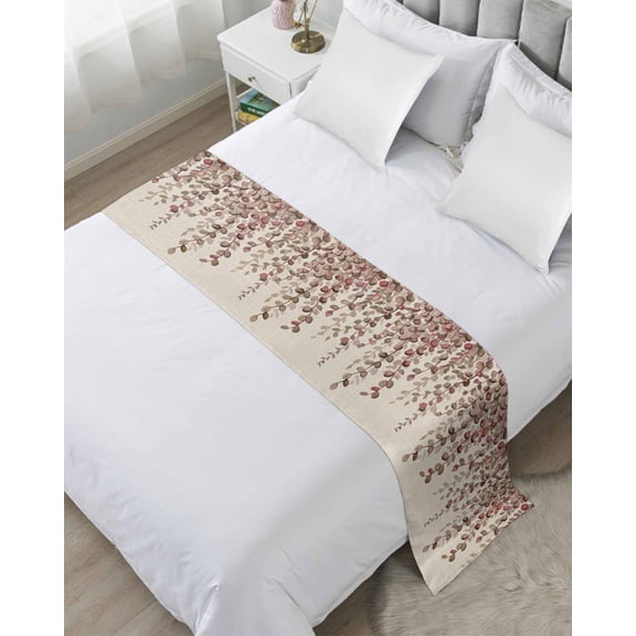 Bed Runner Scarf King Size, Brown Eucalyptus Leaves Stain Bed Runners & Scarves for Foot of Beds, Spring Leaves Plants Country Beige Decorative Bedding Runner Scarf for Hotel 94 x20 Inch