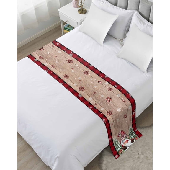 Bed Runner Scarf King Size, Brown Wooden Gnomes Christmas Stain Bed Runners & Scarves for Foot of Beds, Xmas Tree Snowflakes Decorative Bedding Runner Scarf for Hotel Home Bedroom