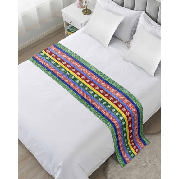 Bed Runner Scarf King Size, Christmas Boho Colorful Stain Bed Runners & Scarves for Foot of Beds, Winter Snowflake Stripe Bohemia Xmas Decorative Bedding Runner Scarf for Hotel Home Bedroom