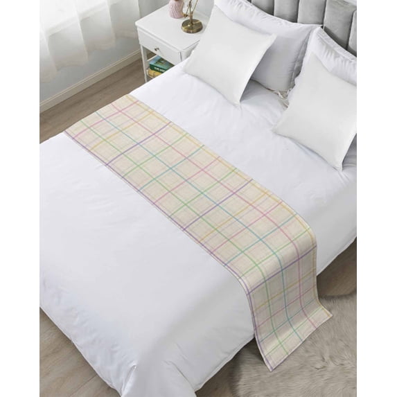 Bed Runner Scarf King Size, Colorful Geometric Plaid Stain Bed Runners & Scarves for Foot of Beds, Simple Vintage Grid Beige Decorative Bedding Runner Scarf for Hotel Home Bedroom 94 x20 Inch
