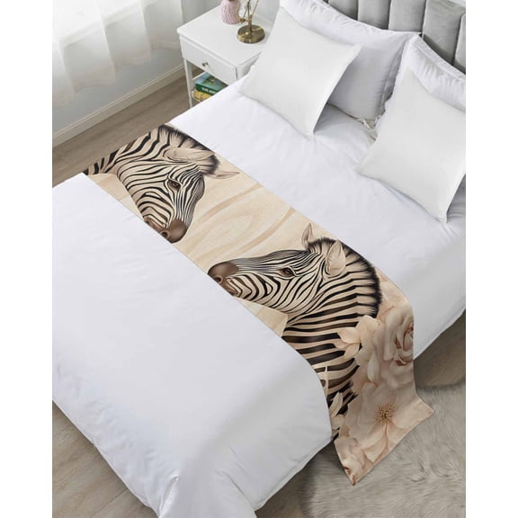 Bed Runner Scarf King Size, Elegant Flowers Stain Bed Runners & Scarves for Foot of Beds, Botanical Zebra Pattern Plant Black Decorative Bedding Runner Scarf for Hotel Home Bedroom