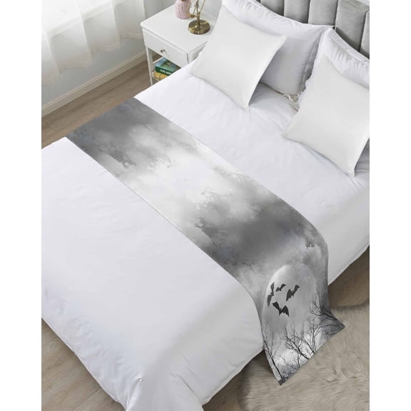 Bed Runner Scarf King Size, Full Moon Night Stain Bed Runners & Scarves for Foot of Beds, Halloween Scene Horror Bat Branches Decorative Bedding Runner Scarf for Hotel Home Bedroom