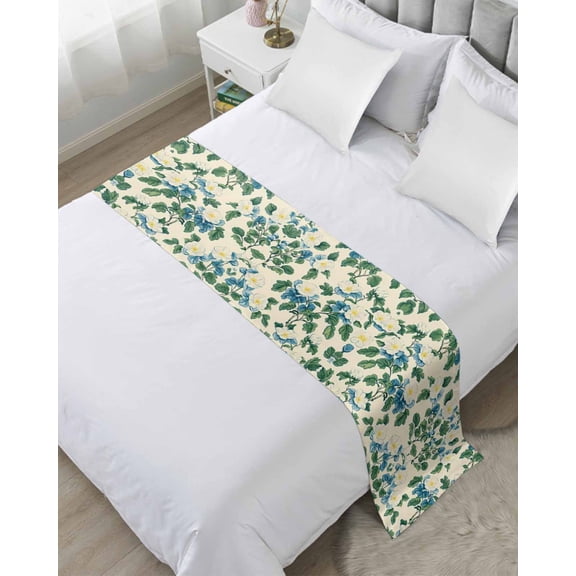 Bed Runner Scarf King Size, Green Blue Spring Floral Stain Bed Runners & Scarves for Foot of Beds, Watercolor Flower Summer Decorative Bedding Runner Scarf for Hotel Home Bedroom