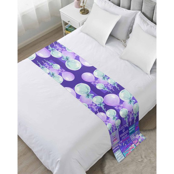 Bed Runner Scarf King Size, Happy 10th Birthday Stain Bed Runners & Scarves for Foot of Beds, Purple Bows Balloons Cakes Polka Dot Decorative Bedding Runner Scarf for Hotel Home Bedroom 94 x20 Inch