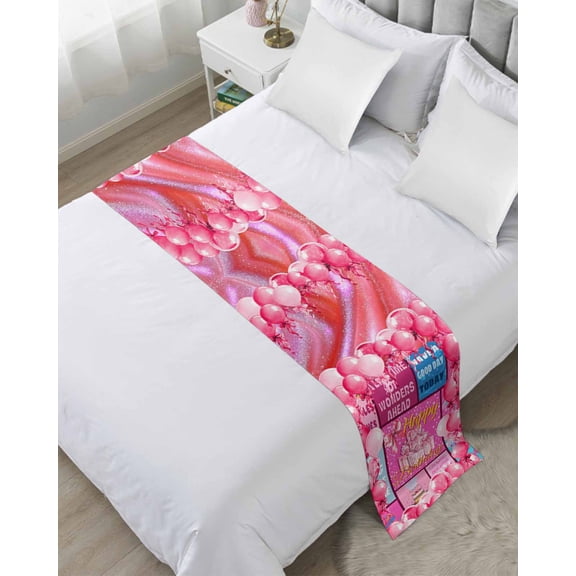 Bed Runner Scarf King Size, Happy Birthday Stain Bed Runners & Scarves for Foot of Beds, Pink Balloons Bows Polka Dot Cakes Decorative Bedding Runner Scarf for Hotel Home Bedroom 94 x20 Inch
