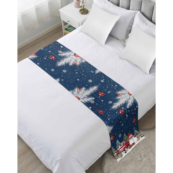 Bed Runner Scarf King Size, Navy Blue Christmas Stain Bed Runners & Scarves for Foot of Beds, Xmas Snowman Truck Tree Balls Decorative Bedding Runner Scarf for Hotel Home Bedroom