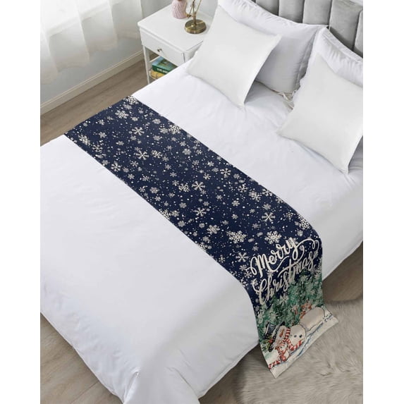 Bed Runner Scarf King Size, Navy Blue Snowman Christmas Stain Bed ...