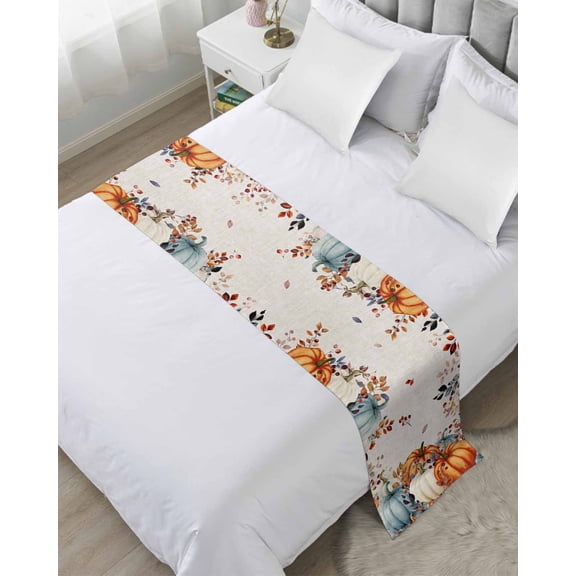 Bed Runner Scarf King Size, Orange Blue Pumpkins Stain Bed Runners & Scarves for Foot of Beds, Thanksgiving Fall Leaves Farmhouse Decorative Bedding Runner Scarf for Hotel Home Bedroom