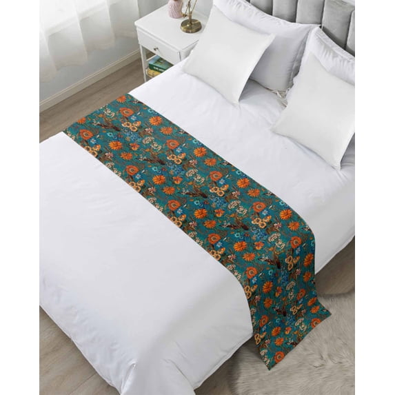 Bed Runner Scarf King Size, Orange Green Spring Floral Stain Bed Runners & Scarves for Foot of Beds, Vintage Botanical Summer Flower Decorative Bedding Runner Scarf for Hotel 94 x20 Inch