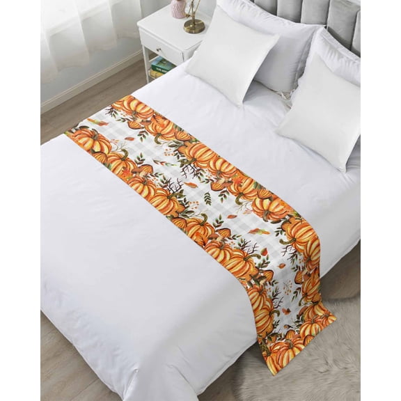 Bed Runner Scarf King Size, Orange Yellow Pumpkin Fall Stain Bed Runners & Scarves for Foot of Beds, Thanksgiving Leaves Grey Plaid Decorative Bedding Runner Scarf for Hotel Home Bedroom