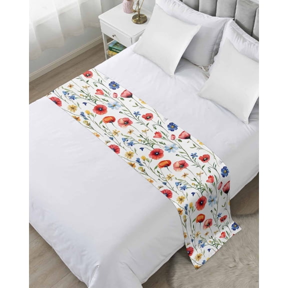 Bed Runner Scarf King Size, Pink Colorful Poppy Stain Bed Runners & Scarves for Foot of Beds, Spring Pastoral Flowers Leaves Decorative Bedding Runner Scarf for Hotel Home Bedroom