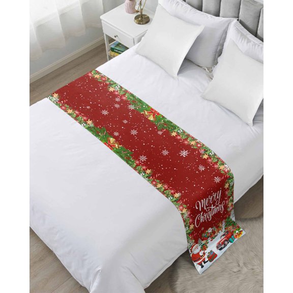 Bed Runner Scarf King Size, Red Christmas Stain Bed Runners & Scarves for Foot of Beds, Xmas Santa Truck Tree Snowflake Botanical Decorative Bedding Runner Scarf for Hotel Home Bedroom