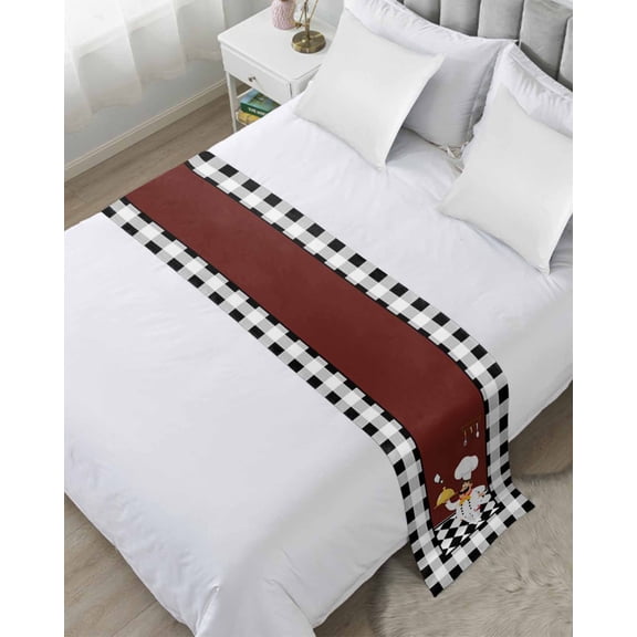 Bed Runner Scarf King Size, Red Kitchen Chef Stain Bed Runners & Scarves for Foot of Beds, Black Plaid Gourmet Food Vintage Decorative Bedding Runner Scarf for Hotel Home Bedroom