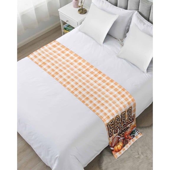 Bed Runner Scarf King Size, Rugby Pumpkin Fall Stain Bed Runners & Scarves for Foot of Beds, Thanksgiving Botanical Plaid Leaves Decorative Bedding Runner Scarf for Hotel Home Bedroom