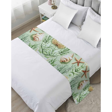 Bed Runner Scarf King Size, Sage Green Coastal Stain Bed Runners & Scarves for Foot of Beds, Summer Ocean Seaweed Shell Decorative Bedding Runner Scarf for Hotel Home Bedroom