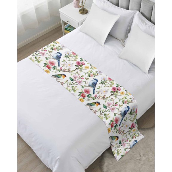 Bed Runner Scarf King Size, Spring Bird Floral Stain Bed Runners & Scarves for Foot of Beds, Summer Birds Flowers Watercolor Decorative Bedding Runner Scarf for Hotel Home Bedroom