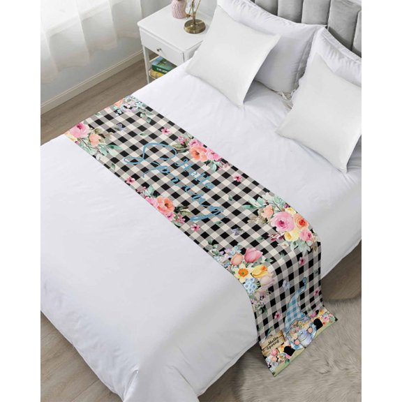 Bed Runner Scarf King Size, Spring Gnomes Floral Stain Bed Runners & Scarves for Foot of Beds, Pink Tulip Botanical Black Plaid Decorative Bedding Runner Scarf for Hotel Home Bedroom
